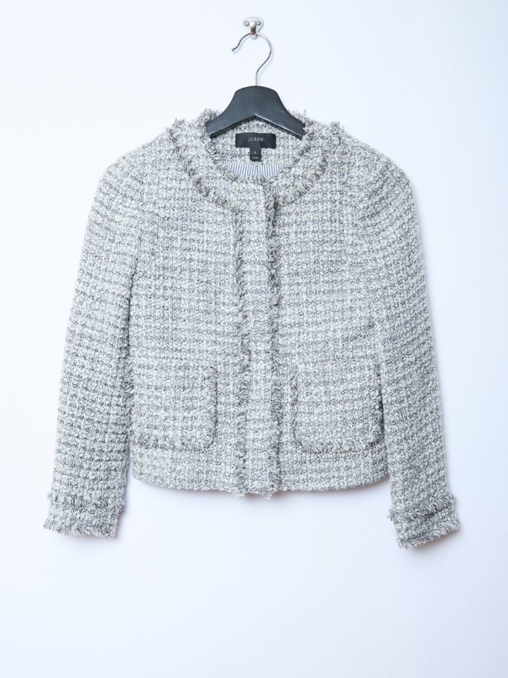 J. Crew Olympia Lady Tweed Jacket Gray Silver Metallic Collarless Blazer XS